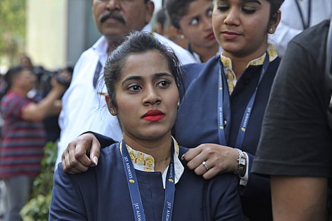 Employees of Jet Airways gather to demand clarification on unpaid salaries at the company headquarters in Mumbai, Thursday, April 18, 2019. | (Photo | AP)
