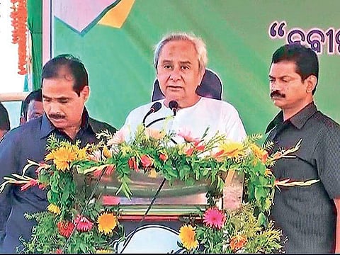 CM Naveen Patnaik addressing an election rally in Kendrapara on Sunday | Express