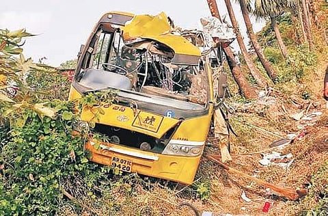 The mangled remains of a bus which hit a palmyra tree at Dora Kalva bridge  near Nagaram in Repalle of Guntur district on Friday | EXPRESS