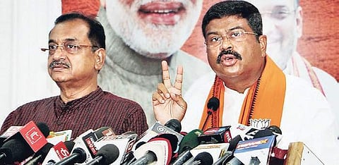 Union Minister Dharmendra  Pradhan addressing mediapersons at the party office in Bhubaneswar on Saturday I Irfana