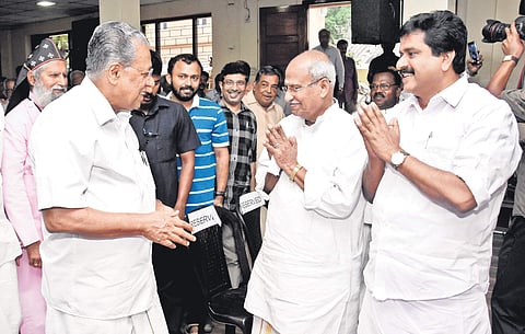 MLAs O Rajagopal and V S Sivakumar welcome Chief Minister Pinarayi Vijayan as he arrives at  St Peter’s Jacobite Syrian Orthodox Simhasana Cathedral in Thiruvananthapuram to commemorate the demise of former bureaucrat D Babu Paul on Sunday | B P Deepu