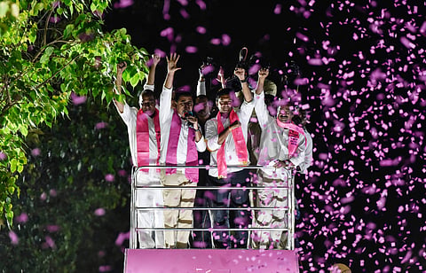 TRS working president KT Rama Rao speaks during a roadshow at Nacharam in Hyderabad. (Photo| Vinay Madapu, EPS)