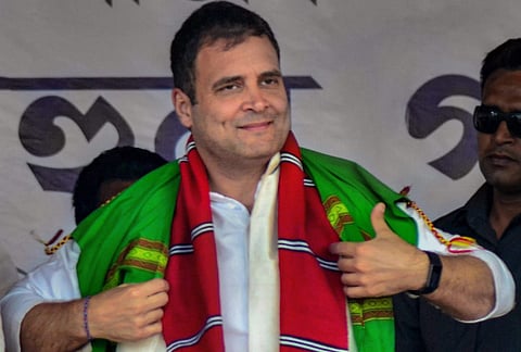 Congress president Rahul Gandhi in a rally in Assam on 3 April 2019. (Photo | PTI)