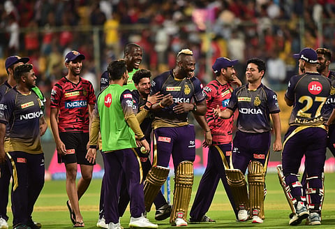 KKR batsman Andre Russell celebrates with team mates after beating Royal Challengers Bangalore. (Photo | PTI)