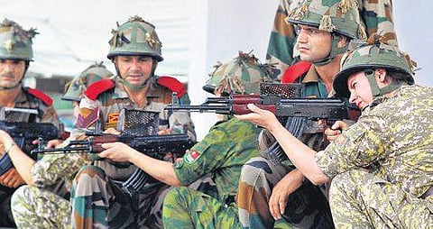 Indian Army personnel training women officers from Kyrgyzstan at the Officers Training Academy in Chennai on Tuesday  | DEBADATTA MALLICK