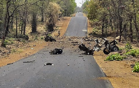 Mangled remains of a police vehicle carrying 16 security personnel that was allegedly blasted by Maoists using IED in Gadchiroli, Maharashtra on 1 May 2019.