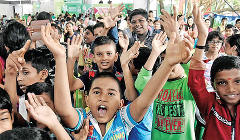 Children cheering during the theme song release of ICFFK at  Kerala State Council for Child Welfare on Thursday B P Deepu