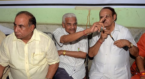 The father of Dhruv Tyagi and other members of their community are seen during a maha panchayat. Tyagi was stabbed to death for objecting to lewd remarks made against his daughter at Basai Darapur village in Moti Nagar, New Delhi. (Photo | Naveen Kumar, E