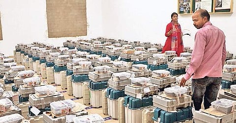 EVMs stored for counting in strong room. (Photo | Irfana/EPS)