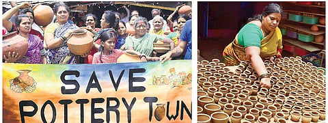 Protesters say Pottery Town may fade into history with the upcoming Metro line between Gottigere and Nagawara; families say they will not move from the area; (r) a woman displays earthenwares | PANDARINATH B
