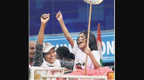 Jubilant UDF workers celebrating their victory in the Lok Sabha elections at  Mar Ivanios College at Nalanchira in Thiruvananthapuram on Thursday | B P Deepu