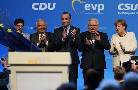 Leader of Germany's conservative Christian Democratic Union (CDU) party Annegret Kramp-Karrenbauer, EPP President Joseph Daul, Manfred Weber, top candidate of the European People's Party (EPP), former Polish President and Nobel Peace Laureate Lech Walesa 