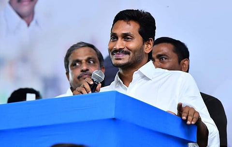 YSRCP chief Jagan Mohan Reddy addressing a press conference in Vijayawada. (Photo | EPS)