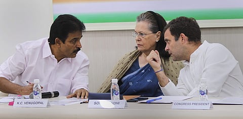 Congress President Rahul Gandhi with senior party leader Sonia Gandhi and KC Venugopal at the Congress Working Committee CWC meeting in New Delhi Saturday May 25 2019. | (File | PTI)