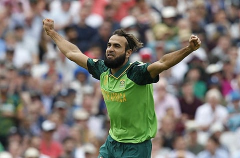 South Africa's Imran Tahir celebrates taking the wicket of England's Captain Eoin Morgan. (Photo | AFP)