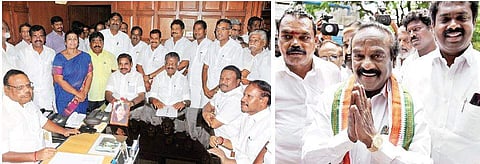 Newly elected AIADMK MLAs along with Chief Minister Edappadi K Palaniswami, Deputy Chief Minister O Panneerselvam meeting Speaker P Dhanapal at Secretariat on Wednesday; (R) Congress MLA from Nanguneri, H Vasanthakumar submitted his resignation following 