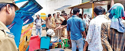 Kochi Corporation officials evicting the encroachments near Broadway with the help of the police on Thursday | Express