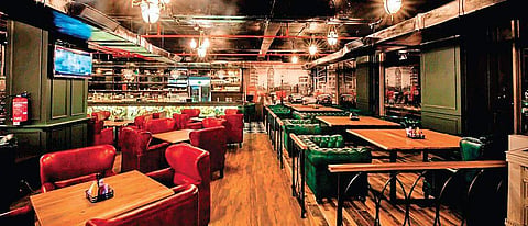 Interiors of Noida’s quirkily named restaurant, ‘I Sacked Newton’; (below) savouries from the appetisers’ menu