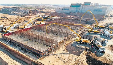 Work under progress at Medigadda barrage, a part of Kaleshwaram Lift Irrigation Scheme 