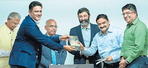 Anil Kumble (left) at the launch of Wildlife Laws for Rangers, a book by Praveen Bhargav (third from right)