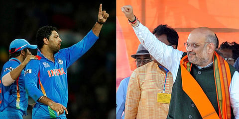 Cricketer Yuvraj Singh (L) and BJP President Amit Shah (R) (Photos | PTI)