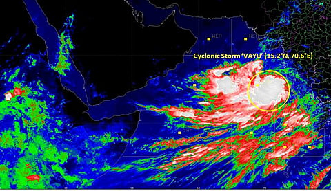 IMD has issued heavy rainfall warning in view of northward-moving cyclonic Cyclone Vayu in the Arabian Sea. (Photo | Twitter)