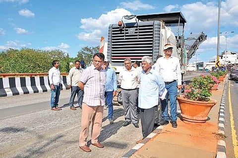 Principal Secretary of MAUD Arvind Kumar inspects the repair works at PVNR Expressway on Wednesday | Express