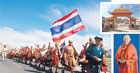 (Clockwise from top) Pilgrims on foot during the pad yatra; the Mahabodhi International Meditation Centre (MIMC) in Ladakh where the yatra will end; and Founder of MIMC, Bhikkhu Sanghasena