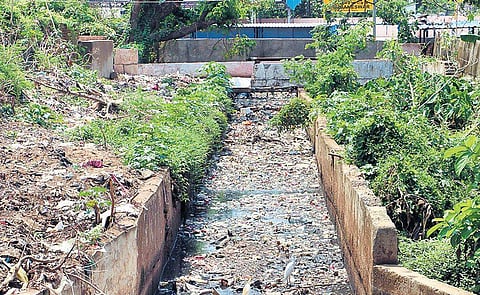 Garbage clogging a drain in Ashok Nagar near the railway station.  (Photo | EPS)