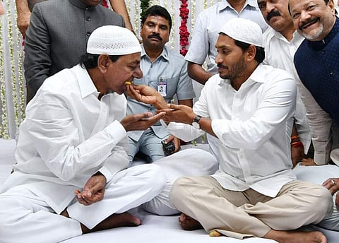Andhra Pradesh CM YS Jagan Mohan Reddy, Governor ESL Narasimhan and Telangana CM KCR take part in Iftar during Ramadan in Hyderabad. | Express Photo Services