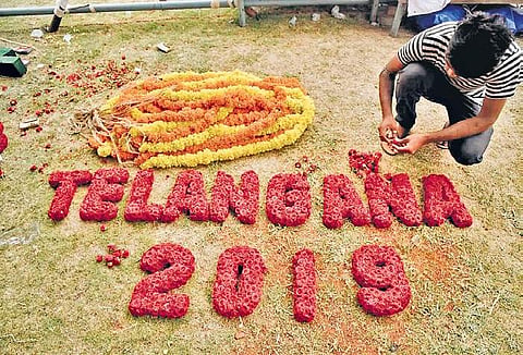 Arrangements for the fifth Formation Day celebrations underway at the Public Gardens, in Hyderabad on Saturday | Vinay Madapu