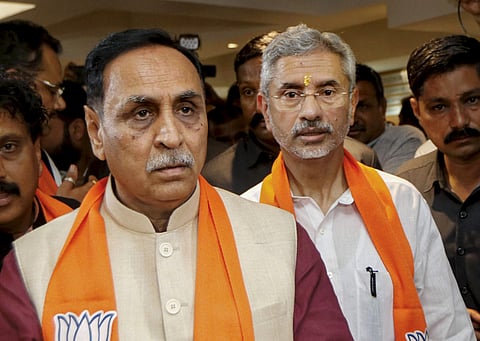 Union minister and BJP candidate S Jaishankar (R) along with Gujarat CM Vijay Rupani arrives to file his nomination papers for the Rajya Sabha elections in Gandhinagar Tuesday June 25 2019. | PTI