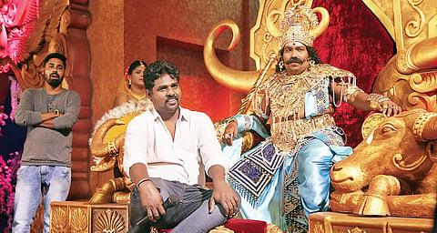 Director Muthukumaran and actor Yogi Babu at the sets of 'Dharmaprabhu'.