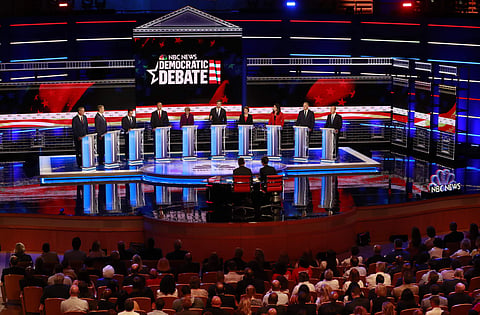 Democratic presidential candidates from left, New York City Mayor Bill de Blasio, Rep. Tim Ryan, D-Ohio, former Housing and Urban Development Secretary Julian Castro, Sen. Cory Booker, D-N.J., Sen. Elizabeth Warren, D-Mass., former Texas Rep. Beto O’Rourk