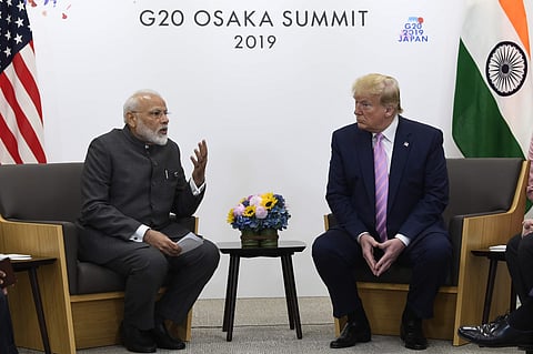 US President Donald Trump meets with Indian Prime Minister Narendra Modi during a meeting on the sidelines of the G-20 summit in Osaka, Japan, Friday, June 28, 2019.  ( Photo | AP)