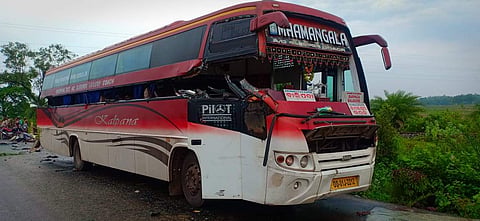 The Baripada-bound bus which met with the accident in Mayurbhanj district of Odisha. (Photo | EPS)
