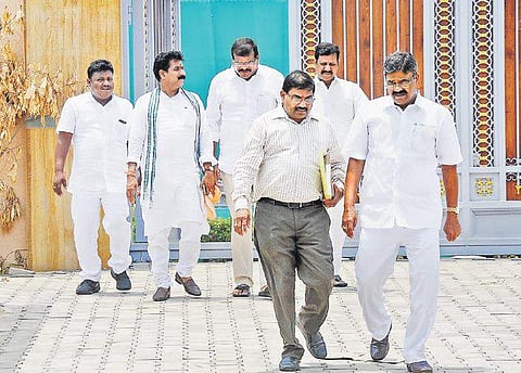 MLAs coming out of YSRC central party office after AP CM YS Jagan Mohan Reddy’s legislative meeting at Tadepalli on Friday |  Prasant Madugula