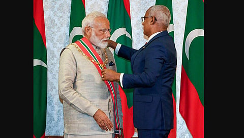 PM Modi receives Maldives highest honour from  Maldives President Ibrahim Mohammad Solih at a ceremonial function held in Male on 8 June 2019. (Photo | PIB)