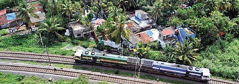An aerial view of the 25 acres of land at Kammattipadam with  railway tracks on three sides. (Photo | A Sanesh, EPS)
