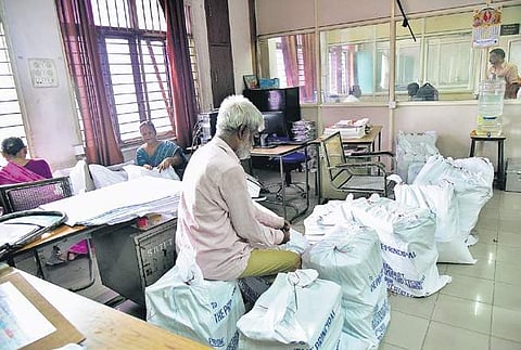 Workers pack the SBTET office files at BRK Bhavan on Tuesday | Express