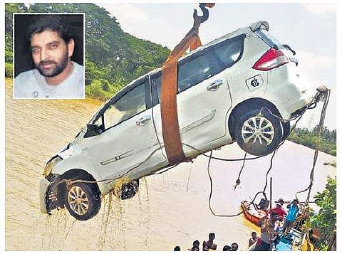 The car that plunged into an irrigation canal being retrieved at Niddeswaram; (Inset) file photo of the deceased driver Ch Siva Rama Krishna. (Photo | EPS)