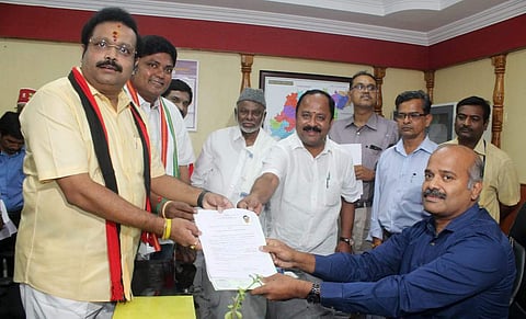 DMK Candidate D M  Kathir Anand filed his nomination in the district on Wednesday. Photo | EPS, S Dinesh)