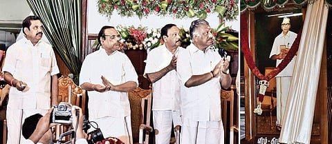 Chief Minister Edappadi K Palaniswami unveils the life-size portrait of freedom fighter and former minister late  SS Ramasamy Padayachiyar at Assembly hall in Chennai on Friday | P Jawahar