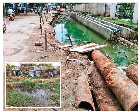 An incomplete drain and stagnant water (inset) turn into breeding grounds for mosquitoes in Berhampur  (Photo | EPS)