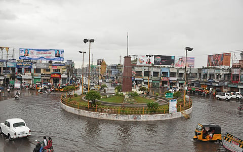 Rain water stagnant at Koneru centre in Machilipatnam.  (Photo| EPS, P Ravindra Babu )
