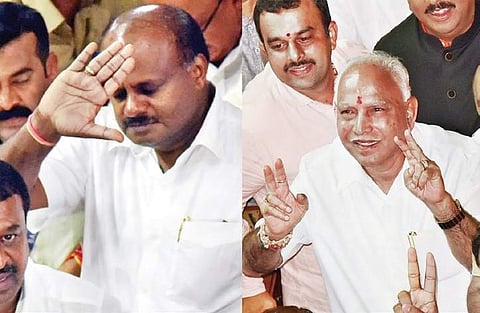 HD Kumaraswamy leaves after losing the vote of confidence at Vidhana Soudha  in Bengaluru on Tuesday. Right: BJP state president B S Yeddyurappa is all  smiles after the trust vote | Vinod Kumar T