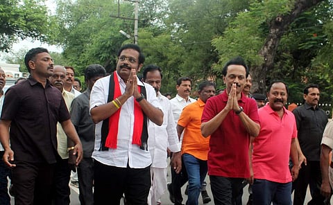 DMK President M K Stalin AND DMK MP candidate Kathir Anand during the election campaign at Anna Salai in Vellore. (Photo | S Dinesh, EPS)
