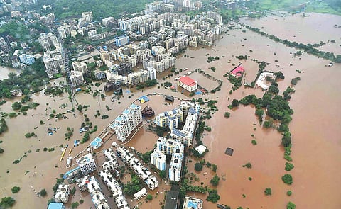 A bird’s eye view shows a flooded area in Thane district following heavy rains on Saturday (Photo | PTI)