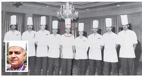 Photograph of Chef Arvind Saraswat (encircled) from the archives of the Taj Group, heading a team of young chefs; (inset) Chef Saraswat in his later years