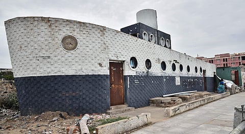 The toilet facility constructed at Nochikuppam for the fishermen community has been closed for the past several months. (Photo | P Jawahar, EPS)